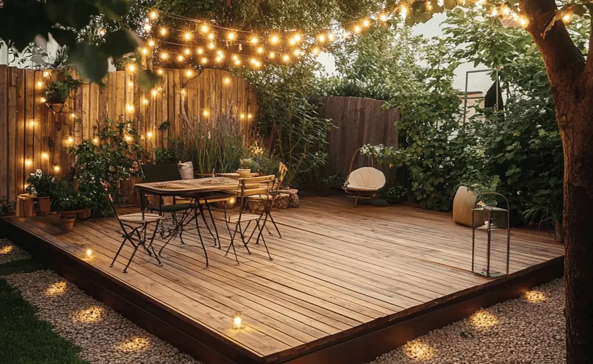 Lit deck and outdoor living space at a Hudson Valley home in the evening